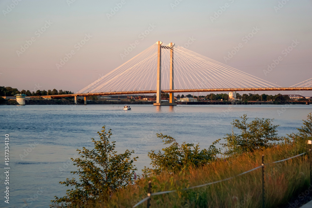 Naklejka premium Cable-stayed bridge over Columbia River at dusk