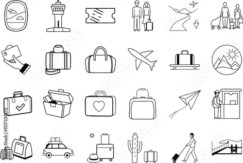 Travel Icons Airplane, Luggage, Tickets, Airport, Vacation, Journey, Trip, Holiday, Couple, Destinate