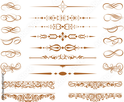 Elegant collection of brown ornamental decorative swirls dividers borders and design elements