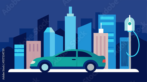 Business District Charging Spot An electric sedan charging in a business district surrounded by tall skyscrapers and office buildings conveying a modern city vibe.