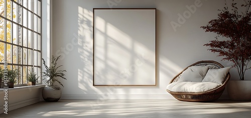 Minimalist room mockup with empty frame cozy chair and plants

