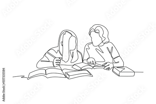 Students studying together, continuous line drawing depicting education