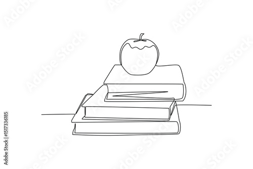 Continuous line drawing of books and apple symbolizing education