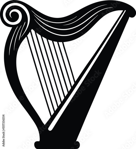 Irish harp silhouette, Celtic harp vector, Single harp instrument silhouette vector illustration
