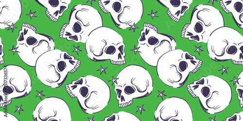 Seamless pattern with human skull. Vector stylized craniums isolated on green background. Background with human bone for Halloween decor or product design in mystical style