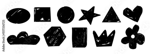 Black hand drawn crayon shape set. Charcoal geometric doodle collection. Black pastel pencil texture form pack for sticker, patch, badge. Childish sketch cloud, crown, star, heart elements. Vector