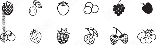 Healthy fruits Illustration Kit: Black and White Icons of Strawberries, Blueberries, and Raspberries for Graphic Design.