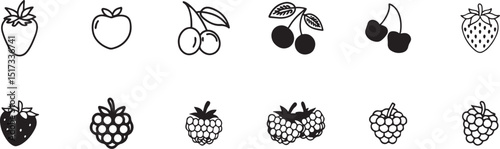 Black and White Fruit Icon Set: Minimalist Vector Illustrations for Healthy Food, Diet, and Organic Design.