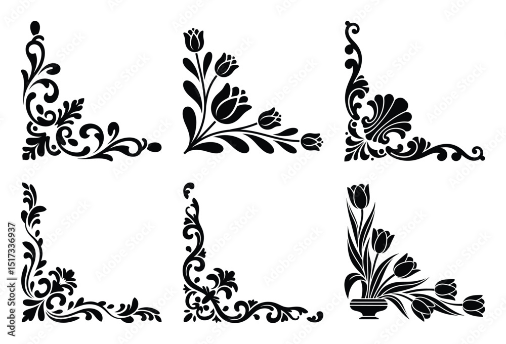 Fototapeta premium Six elegant black floral corner designs