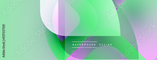 Abstract background features rounded shapes, green hues, purple accents. Modern design, smooth gradients create dynamic visual effect.
