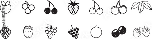 Outline and Solid Fruit Icon Collection: Diverse Graphics for Web, App, and Healthy Lifestyle Projects.