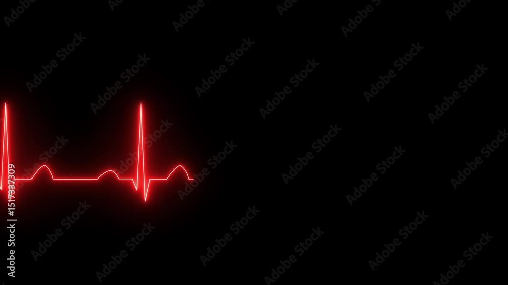 glowing neon red color heart pulse rate monitor animation on black ...