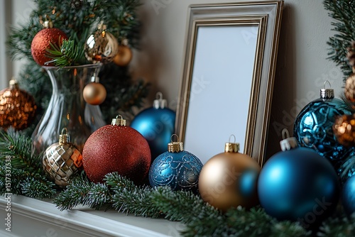 Festive mantel mockup with colorful ornaments glass vase and empty frame

 photo
