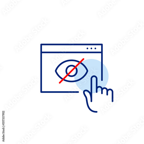 Vector icon of browser window with finger click and crossed-out eye, symbolizing hidden interactions, private browsing, or restricted web activity. Ideal for privacy tools, web apps, and security sett