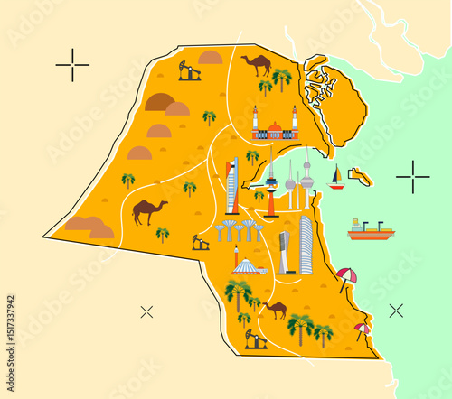 Illustration of Kuwait flat landmark map vector design, Middle East country