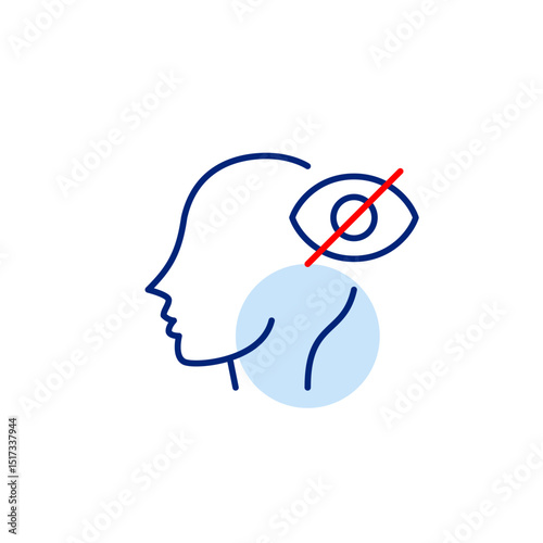 Vector icon of head with crossed-out eye, symbolizing hidden thoughts, private mind, or unseen awareness. Ideal for mental health apps, privacy settings, and platforms