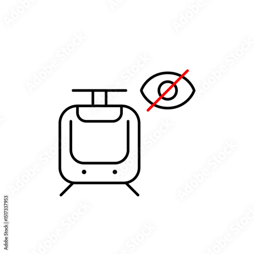 Vector icon of tram with crossed-out eye, symbolizing hidden route, private transit, or invisible tracking. Ideal for transport apps, navigation tools, and privacy settings