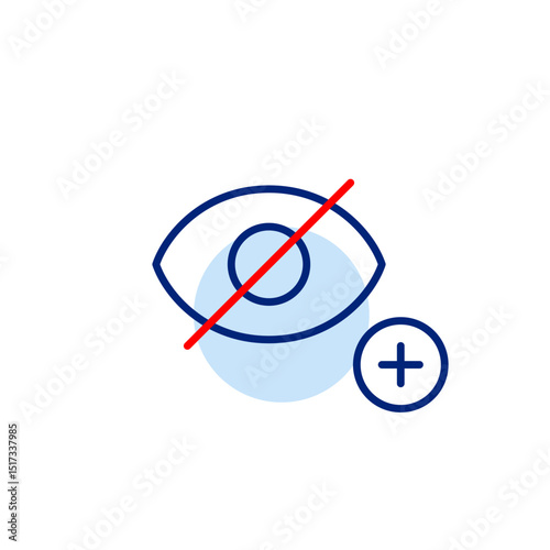 Vector icon of crossed-out eye with plus symbol, symbolizing adding privacy, enabling hidden mode, or increasing confidentiality. Ideal for privacy settings, user interfaces, and security apps