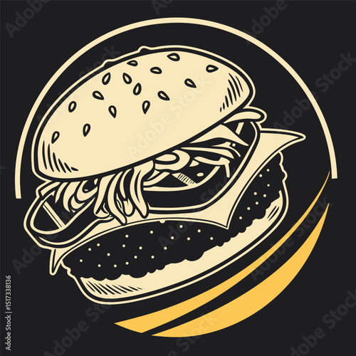 Delicious vintage burger illustration with sesame seeds and cheese on a black background