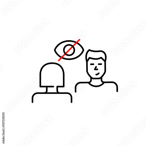 Vector icon of woman and man in conversation with crossed-out eye, symbolizing private discussion, confidential communication, hidden dialogue. Ideal for messaging apps, privacy settings, and platform