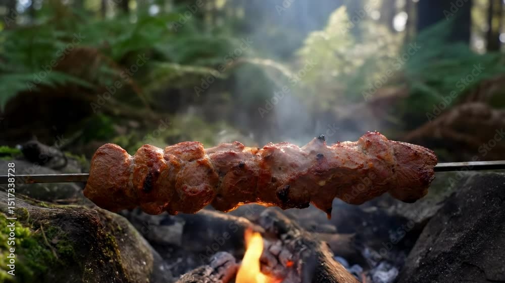 Grilled meat skewers cooking over an open fire in a lush forest setting, surrounded by vibrant greenery and smoke rising - balkan kebabı