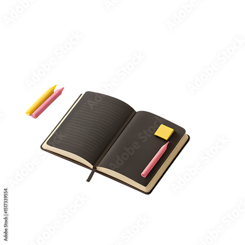 Black notebook with pen and sticky note for journaling and note taking on black background flat lay 3d render 