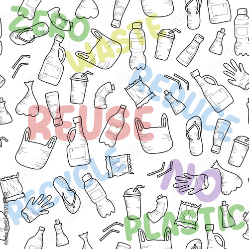 Black and white seamless pattern with doodle outline ecological icons. Zero waste life concept.
