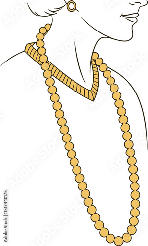 Elegant woman wearing a classic pearl necklace and earring in outline illustration