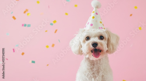 Happy White Poodle Dog Wearing Party Hat Surrounded by Colorful Confetti on Pink Background