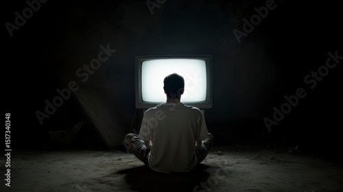 Person Sitting in Darkness Watching Blank Screen of Old Television in Dimly Lit Room