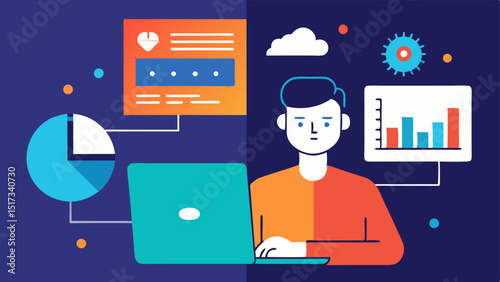 Insight Dashboard A splitscreen illustration with one side showing a busy marketer at a laptop and the other side displaying a digital dashboard filled with AIgenerated insights