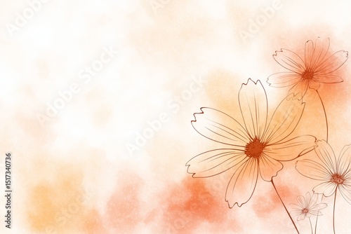 Orange Watercolor Cosmos Flowers - Delicate orange cosmos flowers drawn in a watercolor on a soft orange background. Perfect for invitations, cards, and more