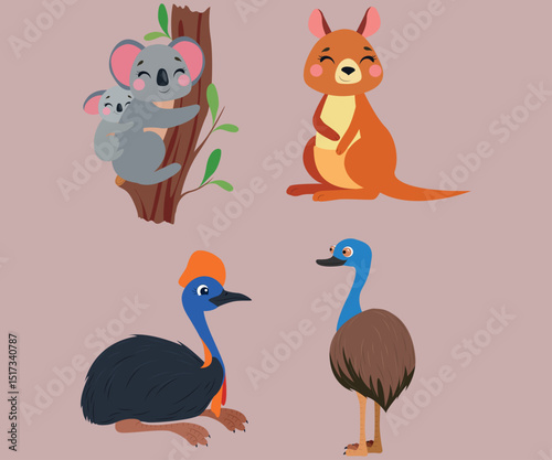 Cute cartoon australian animals including koala kangaroo emu and cassowary on pastel background