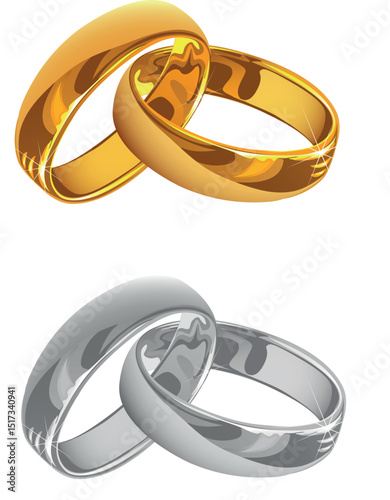 Elegant vector illustration of intertwined gold and silver wedding rings on white