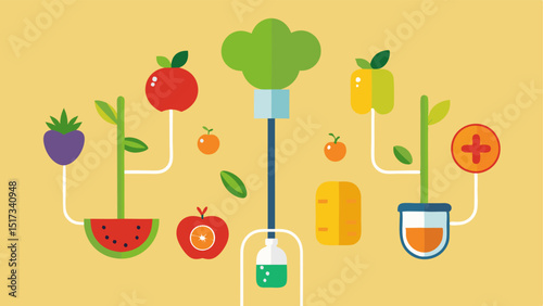 Healthy Lifestyle Elements An assortment of vegetables fruits and supplements arranged around a central IV drip emphasizing the connection between diet and vitamin infusion