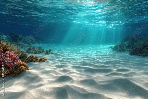 Underwater seascape with coral reef and sun rays through water