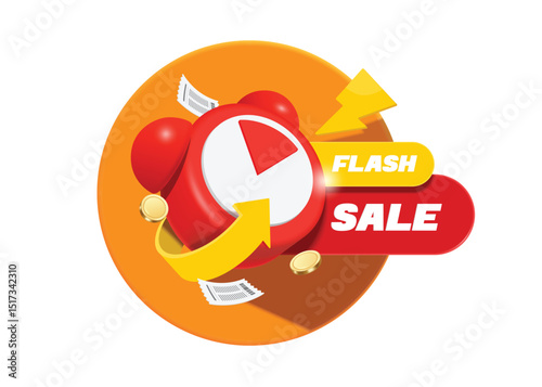 Red alarm clock alerts flash sale promotion Limited time promotion, vector 3d isolated on white background for advertising design, vector minimal style for banner advertisement design