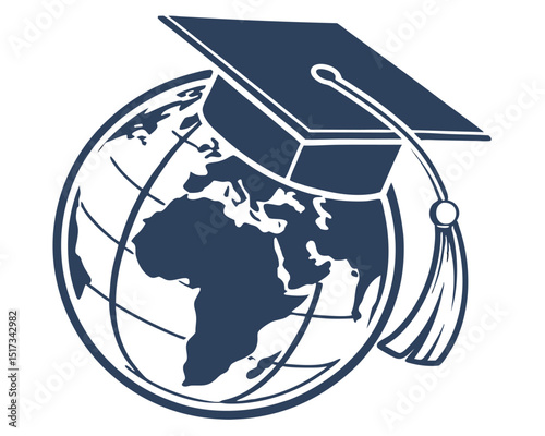 Global education symbol featuring globe and mortarboard in a flat vector illustration