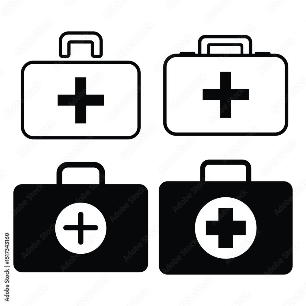 Obraz premium Icon set featuring various styles of First Aid box. Medical emergency equipment. Hospital, patient, medicine, pharmacy, nurse, prescription and medical report. Healthcare concept. Vector illustration