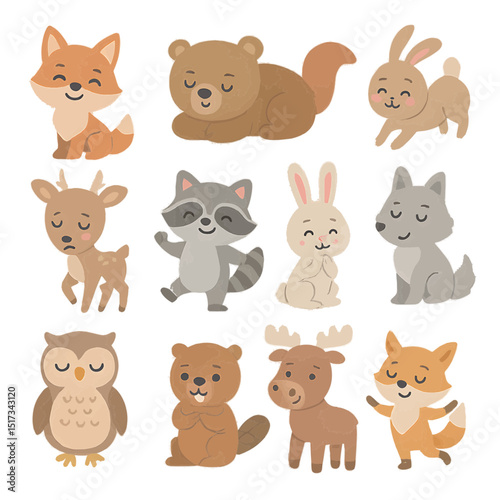 Emotional woodland creatures displaying feelings in a pastel flat style enchanted forest iconic illustrations playful atmosphere
