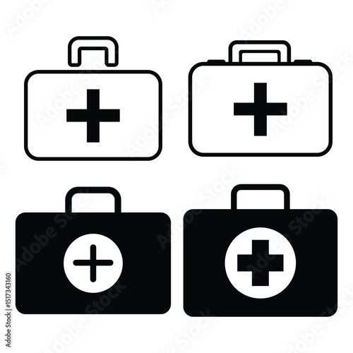 Icon set featuring various styles of First Aid box. Medical emergency equipment. Hospital, patient, medicine, pharmacy, nurse, prescription and medical report. Healthcare concept. Vector illustration