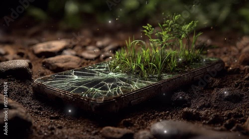 A broken smartphone half-buried in the dirt, with nature starting to reclaim it grass growing through the cracked screen.