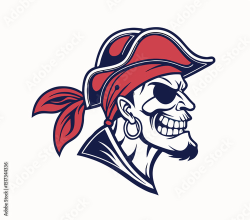 Illustrated pirate skull vector portrait with red bandana and eye patch design