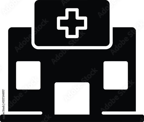 Black and white hospital building icon representing healthcare medicine and medical assistance emergency services and clinical care