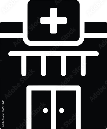 Simple icon representation of a hospital or clinic building with a prominent medical cross sign on top illustrating healthcare facility