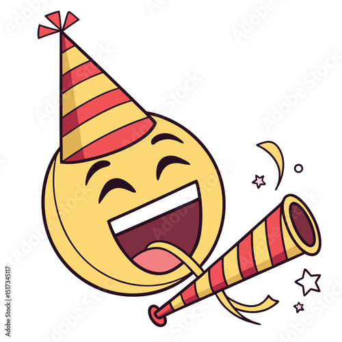 Cheerful emoji face with party hat and blowers