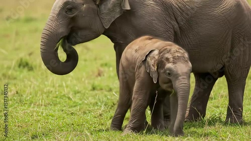 Cute small baby elephant closeup portrait eating grass hiding under mother. Family of elephants grazing on grasslands of South Africa. Wild nature. mammal animals concept. African Safari in Savanna