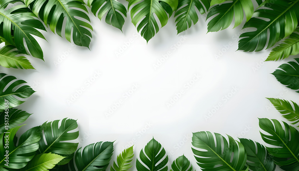 Fototapeta premium White background with green tropical leaves around the edges.
