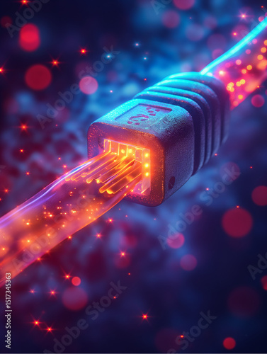 Glowing energy pulse effect. Futuristic Ethernet cable emitting digital sparks and neon light. Ideal for technology concepts, data transmission, and network innovation themes.