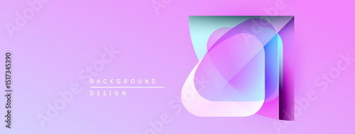 Abstract design features layered translucent shapes. Gradient background transitions from purple to pink. Modern aesthetic, clean lines, simple composition.